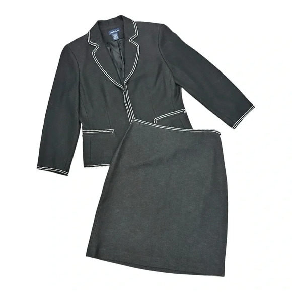 Ann Taylor Black Wool Blend Textured 2 Piece Suit White Stitching Detail Twee - Picture 1 of 10